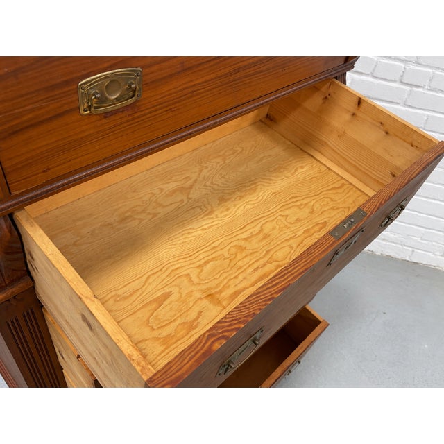 Antique Danish Pine Chest of Drawers | Carved Details + Brass Hardware, Late 19th Century For Sale - Image 13 of 15