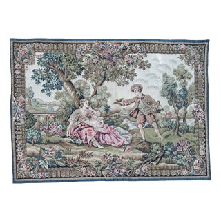 Mid-Century Jacquard Halluin Birds Offering Tapestry in the style of François Boucher, France, 1960s For Sale