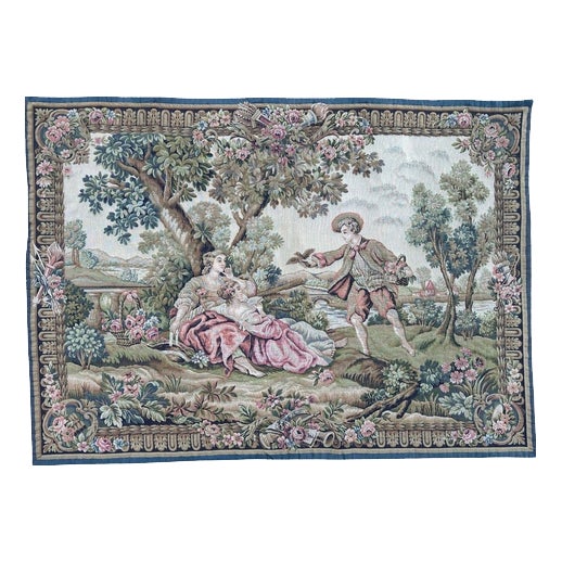 Mid-Century Jacquard Halluin Birds Offering Tapestry in the style of François Boucher, France, 1960s For Sale