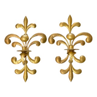 Pair of Vintage Italian Gold Tole Fleur De Lis Candle Sconces For Sale