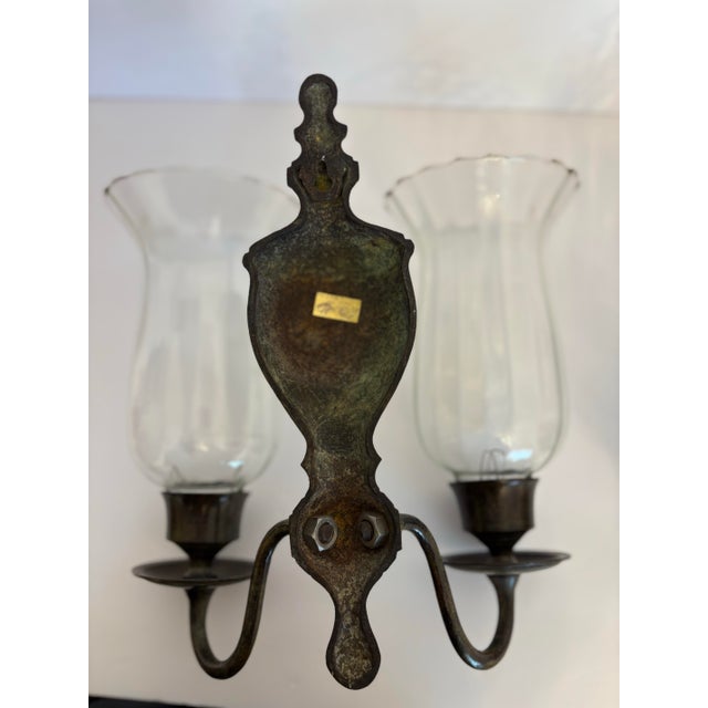 1970s Double Arm Brass Wall Sconces W/Hurricane Glass - A Pair For Sale - Image 4 of 6