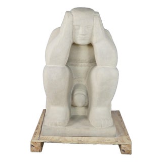 Late 20th Century Monumental Limestone Nude Fertility Thinking Man 1000lb Garden Sculpture Statue For Sale