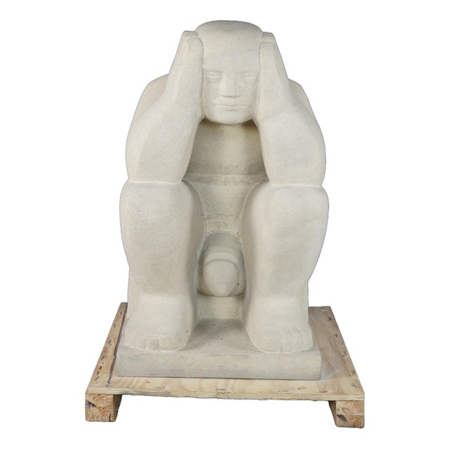 Late 20th Century Monumental Limestone Nude Fertility Thinking Man 1000lb Garden Sculpture Statue For Sale