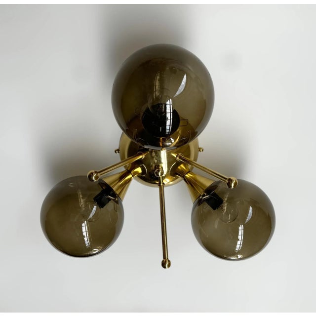 Italian Trifoglio Polished Brass Smoky Globe Flush Mount by Fabio LTD For Sale - Image 3 of 9