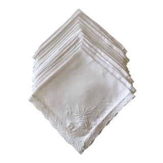 White Linen Embroidered Napkins - Set of 12 For Sale