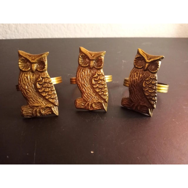 1980s Solid Brass Owl Figurine Napkin Rings- Set of 3 For Sale - Image 4 of 6