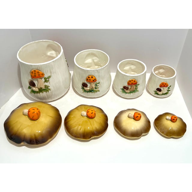 Mid-Century Modern Set of 4, Vintage 1976 Mushroom Canister Set – Sears Roebuck Japan – Retro 70s Kitchen For Sale - Image 3 of 16