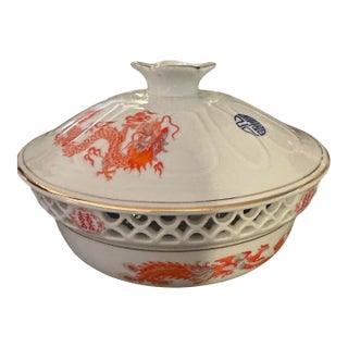 Vintage Reticulated Chinese Dragon Covered Serving Bowl For Sale