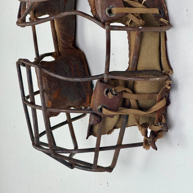 Animal Skin Salvaged Early 20th Century Baseball Catcher's Mask With Metal Cage Guard & Leather Details For Sale - Image 7 of 9