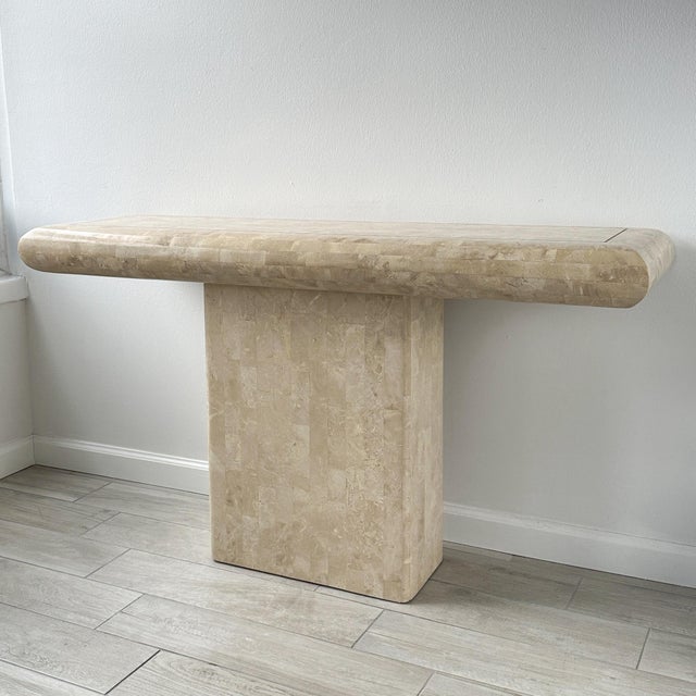 Postmodern Maitland Smith Tessellated Stone Pedestal Console Table With Brass Inlay For Sale - Image 3 of 12