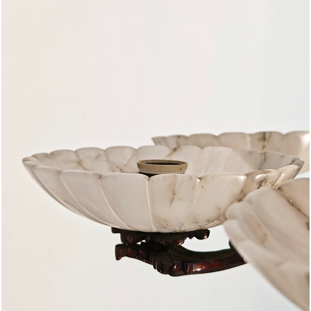 Art Deco Bronze Chandelier with Six Alabaster Lampshades, Made in Italy in the 1950s/1960s. For Sale - Image 4 of 18