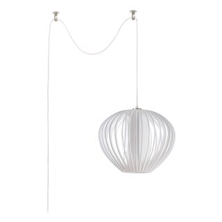 Bloom 14 Inch Swag Lamp by Nova of California - Sphere White Satin Shade With White Slatted Cage Globe - Plug-in Bubble Orb Pendant For Sale