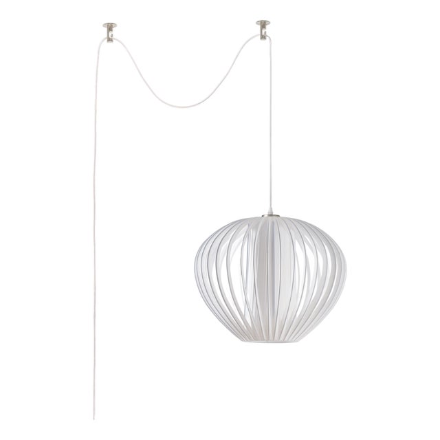 Bloom 14 Inch Swag Lamp by Nova of California - Sphere White Satin Shade With White Slatted Cage Globe - Plug-in Bubble Orb Pendant For Sale