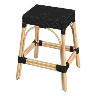 Robias 24.5 in. Seat Height Rectangular Rattan Backless Counter Stool with Footrest, Black/ Natural Rattan Frame For Sale