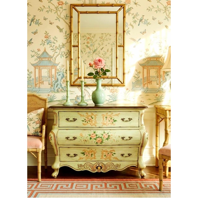 Vintage Hand Painted Floral Chinoiserie 3 Drawer Curvy Black Stone Top Bombe Chest For Sale - Image 11 of 11