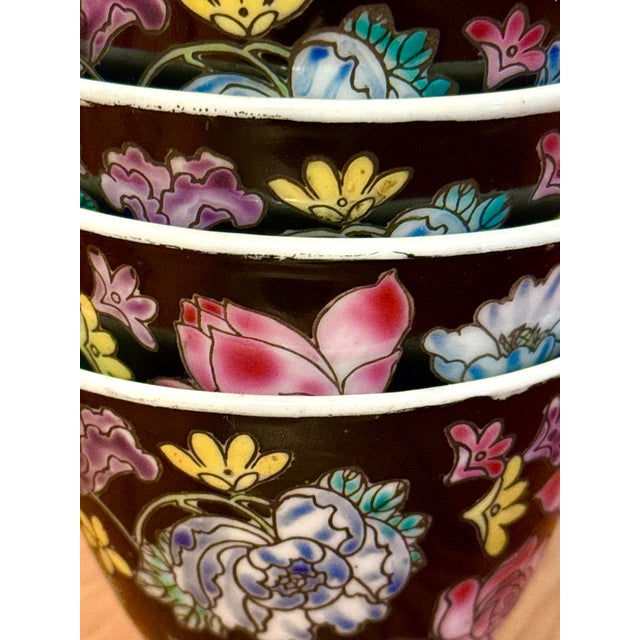 Chinoiserie Black Chinese Petite Porcelain Tea Cups - Set of 4 For Sale - Image 3 of 10