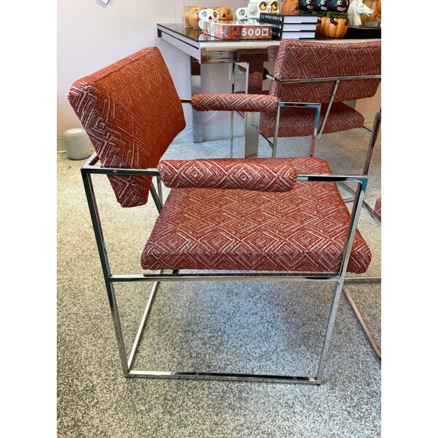 Mid-Century Modern Vintage Set of 4 Milo Baughman '1188' Chrome and Orange Wool Dining Chairs For Sale - Image 3 of 15