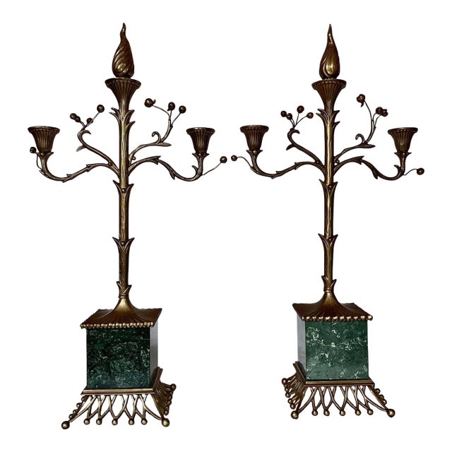 1990s Chapman Regency Antique Brass & Marble Candelabras - a Pair For Sale