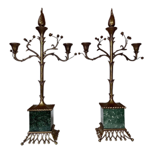 1990s Chapman Regency Antique Brass & Marble Candelabras - a Pair