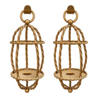 Vintage Hollywood Regency Gold Rope Candle Lantern Sconces, Pair For Sale