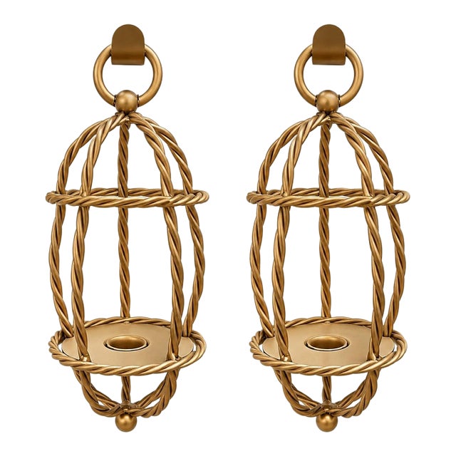 Vintage Hollywood Regency Gold Rope Candle Lantern Sconces, Pair For Sale