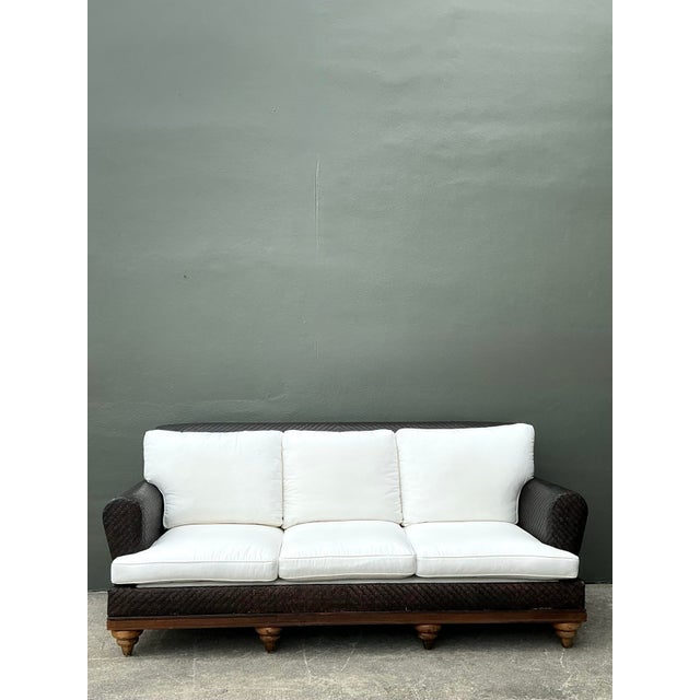 Coffee Vintage Woven Rattan Roll Arm Sofa For Sale - Image 8 of 12