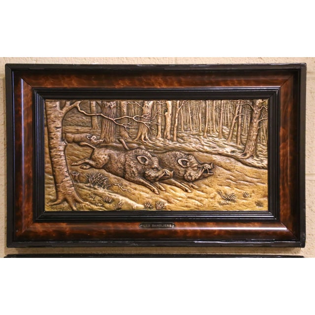 French Pair 19th Century French Black Forest Style Repoussé Brass Hunting Wall Panels For Sale - Image 3 of 11