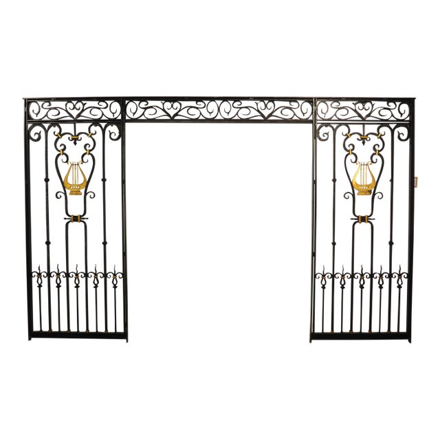 Antique French Wrought Iron Entryway Surround With Gilded Lyre Decor, C. 1920s For Sale