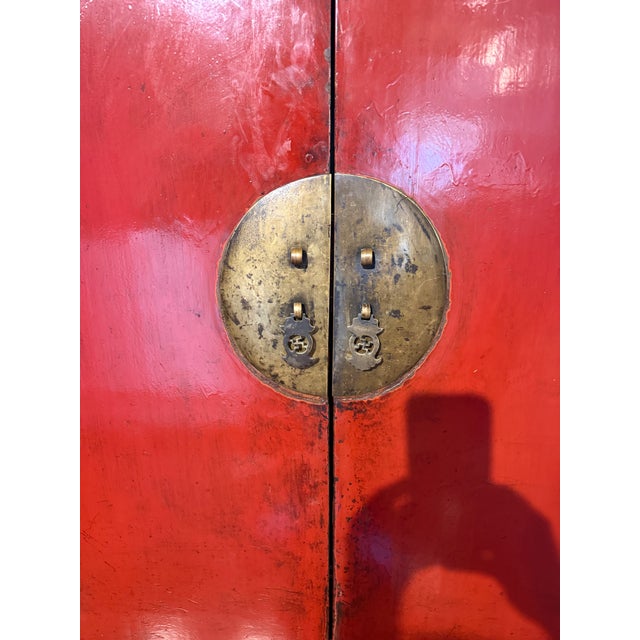 Mid 20th Century Red Chinese-Style Cabinet / Armoire With Brass Hardware For Sale - Image 4 of 5