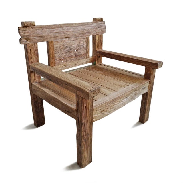 Vintage Outdoor Rustic Railway Wood Arm Chair For Sale - Image 4 of 8