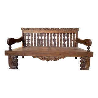 Large Indonesian Garden Bench in Carved Walnut For Sale