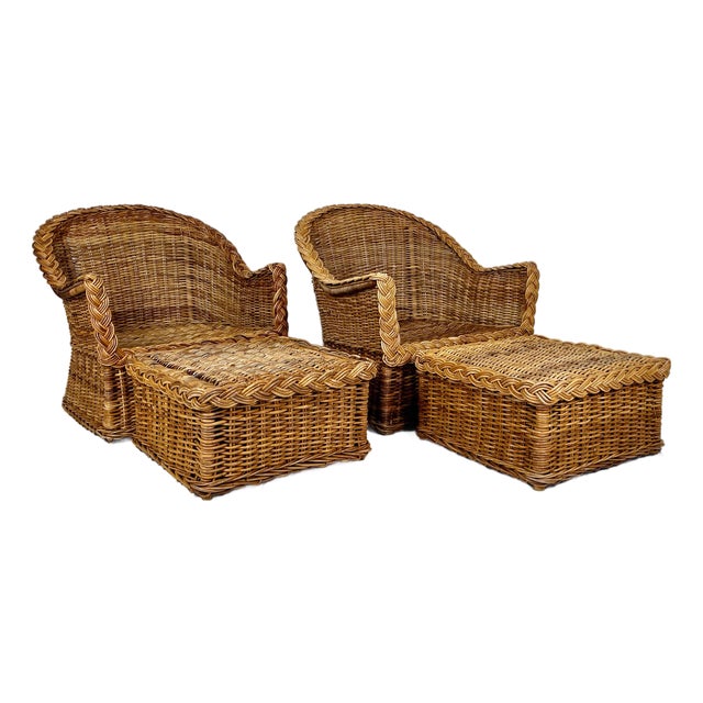 Vintage Wicker Works Style Braided Wicker Lounge Chair and Ottoman Set For Sale