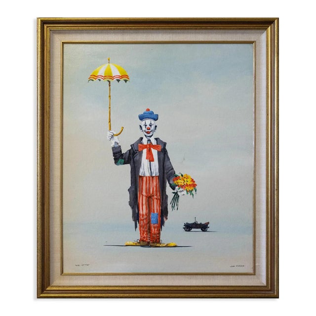 A midcentury modern surrealist oil painting on canvas titled “Mr. Otto” by John Morris. Hand signed lower right and titled...