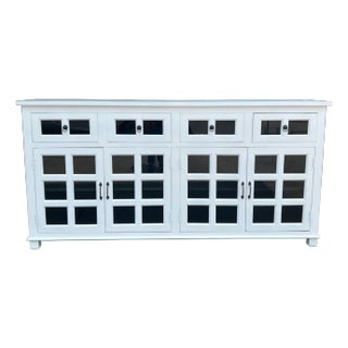 Coastal White Smoked Glass Door Credenza For Sale