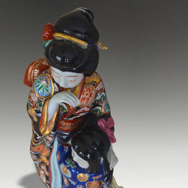 Ceramic Antique Meiji Japanese Enamelled Kutani Porcelain Bijin and Child Figure For Sale - Image 7 of 10