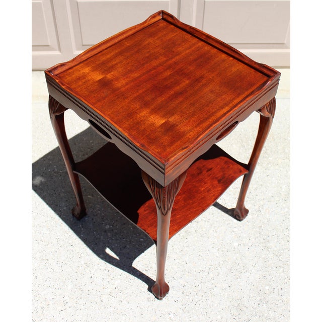 Vintage Georgian Style Mahogany Tray Top Side Table, Circa 1950s–1970s | Ball & Claw Feet | Carved Cabriole Legs | Butler’s Table | 18” Square For Sale - Image 9 of 17