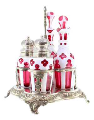 Silver and Glass Cruets with Salt Shaker and Mustard Jar on Raised Base with Feet, Set of 5