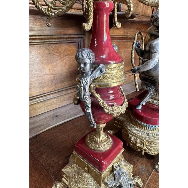 Goldenrod Louis XV Clock and Candelabras in Bronze and Red Marble, Set of 3 For Sale - Image 8 of 9