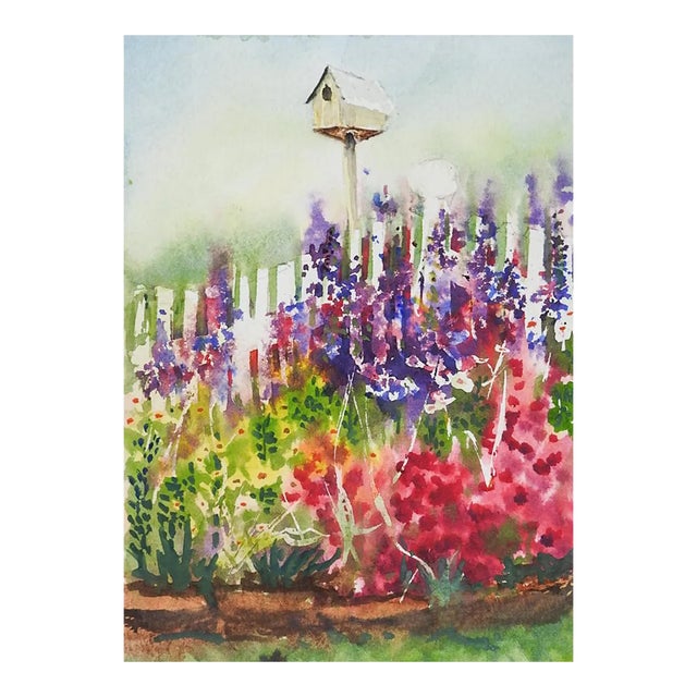 Small Contemporary Flower Garden Watercolor Painting For Sale