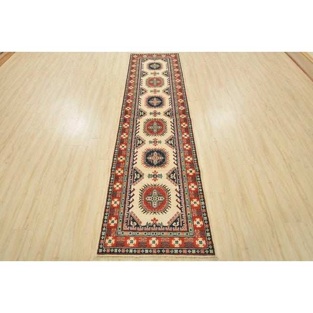 Farmhouse Kazak Runner 2’9” X 9’9” Beige Wool Tribal Hand-Knotted Oriental Rug For Sale - Image 3 of 13
