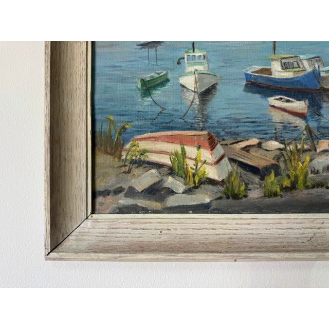 Blue 1970’s Vintage Lake Boats Landscape Oil on Board Painting, Signed For Sale - Image 8 of 12