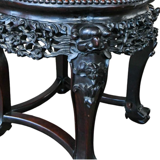 Mid 20th Century Chinese Octagon Rosewood Hand-Carved Pink Marble Top Table For Sale - Image 4 of 7