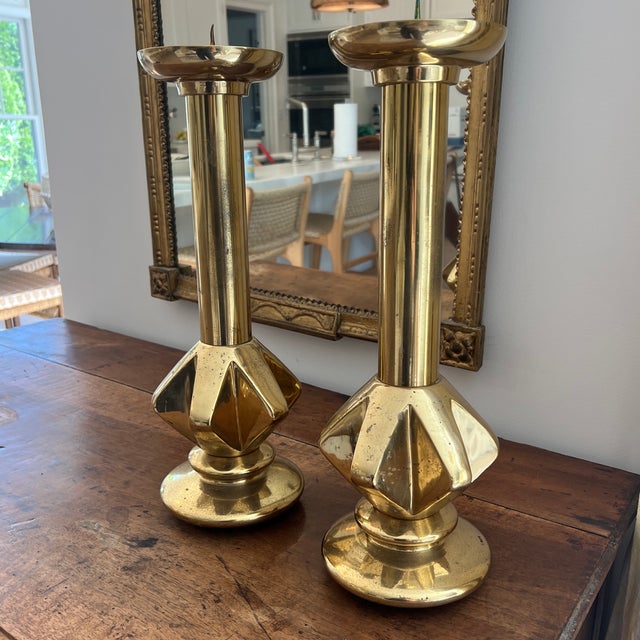 Metal Modernist Mid Century Sculptural Solid Brass Candle Pricks- A Pair For Sale - Image 7 of 8