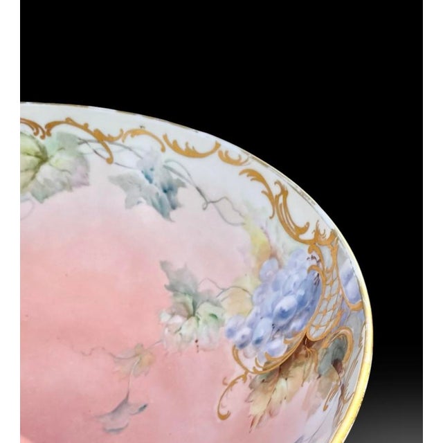 William Guillon Antique Limoges Porcelain Punch Bowl, Hand-Painted Grapes, France For Sale - Image 4 of 17