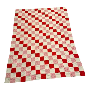 Vintage Knit Textile Red Cream Floral Diamond Checkerboard Quilt Top