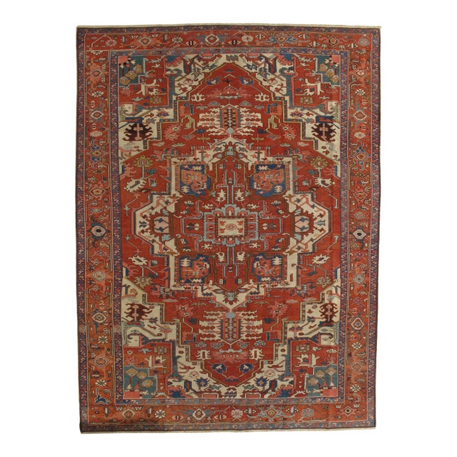Antique Hand-Knotted Persian Serapi Rug 9'2" X 12'4" For Sale