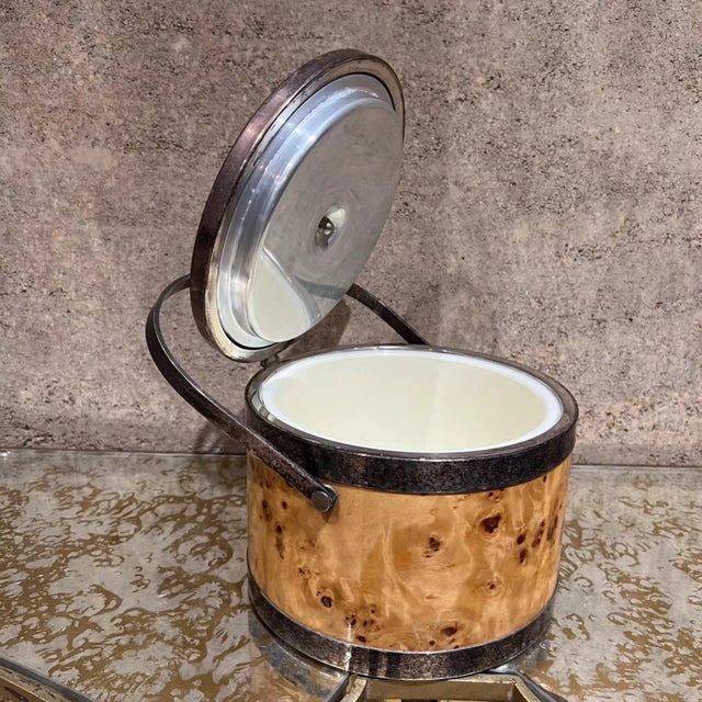 Mid-Century Modern Mid-Century Modern Italian Olive Burl Wood Silver Chrome Ice Bucket Italy For Sale - Image 3 of 14