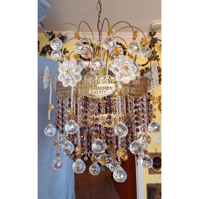 Glass 1960's Opulent Hollywood Regency Amethyst/ Cut Crystal Floral & Sphere Whimsical Chandelier by Palwa For Sale - Image 7 of 18