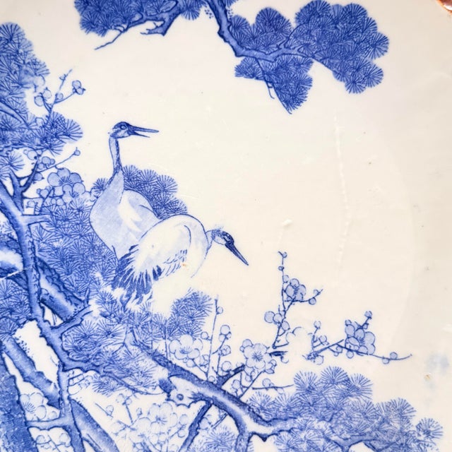 Late 20th Century Pair of Antique Japanese Meiji Period Blue & White Porcelain Chargers — Crane & Calligraphy, Scalloped Rim, c.1880–1910 For Sale - Image 5 of 12