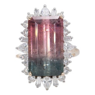 10Ct Bi-Color Tourmaline Ring With Lab Diamond Accents: Solid 14k Gold, 17x10mm, Size 6.75 For Sale